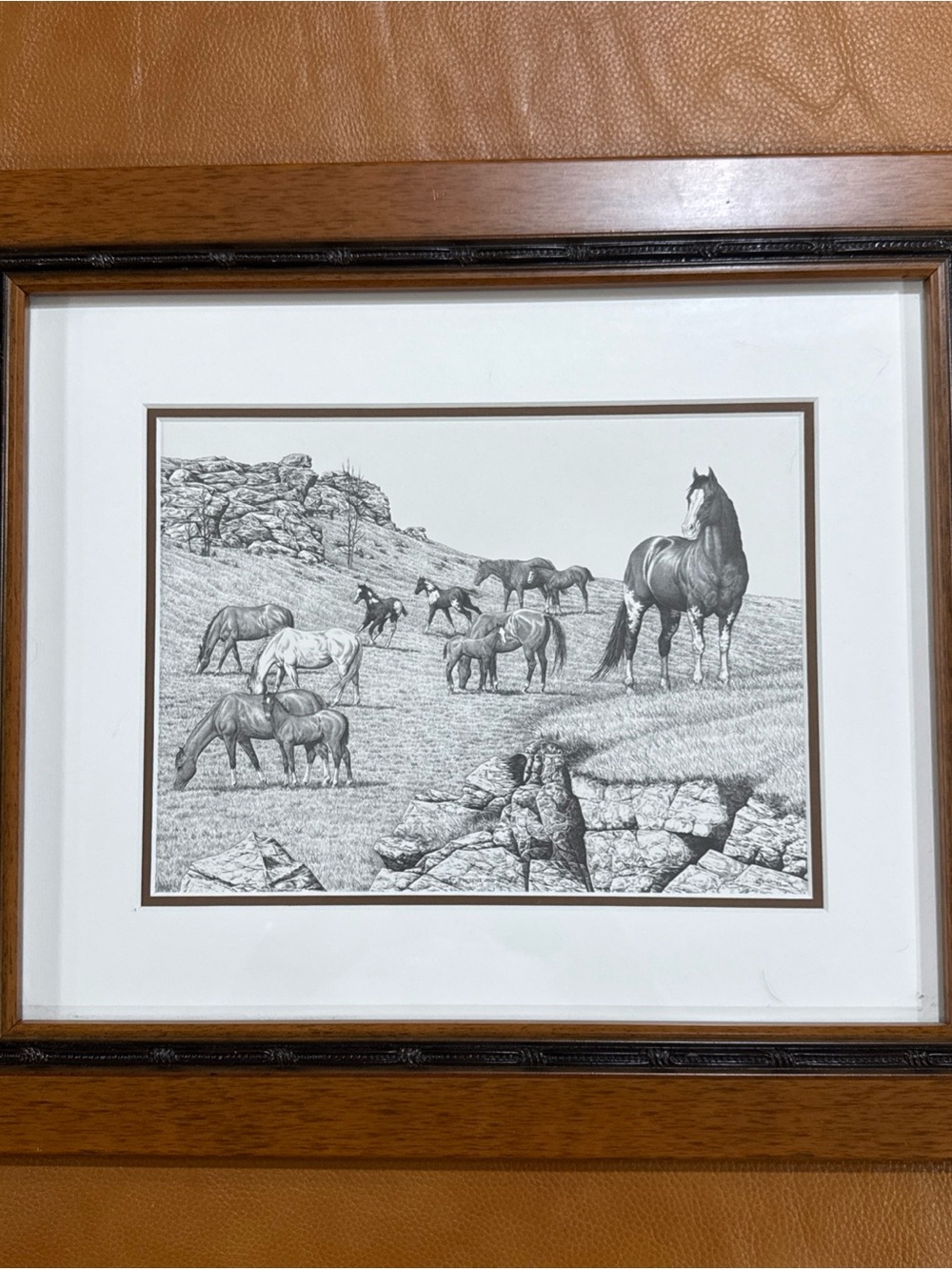 Bernie Brown Signed Ranch Prairie Horse Print Framed Western Art 17” x 14”